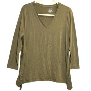 Chico's Ultimate Tee Top 3/4 Sleeve V-Neck Pima Cotton Olive Green Sz 3 XXL